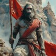 lord hanuman standing in a warrior pose on the pinnacle of a grand rock Hindu temple