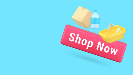 Poster - Shop now grocery shopping online store supermarket banner with copy space 3d icon realistic vector