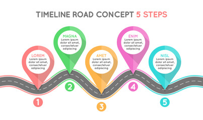 Wall Mural - Timeline infographic 5 steps timeline concept. Winding road.