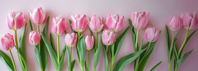  banner Pink tulips on pink background, top view, background for congratulations
