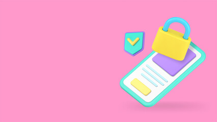 Poster - Smartphone data security system verification app banner with copy space 3d icon realistic vector
