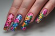 Nail art, each nail adorned with a vibrant and colorful floral design