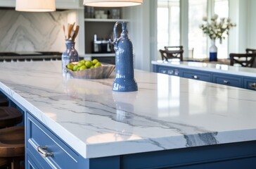 Marble empty table top in modern kitchen, kitchen panel in interior. Scene showcase, banner