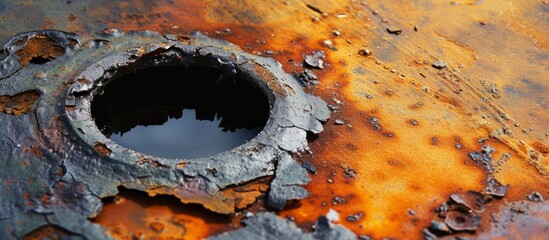 Poster - Eroded and weathered rusty metal surface with a hole, industrial decay and corrosion concept