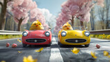 Two funny cool easter chicks driving sports car, front view. Closeup of cars with eggs on the road in the spring blooming forest.