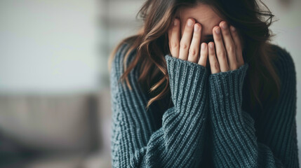 woman covering her face with her hands.