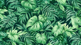 Fototapeta Sypialnia - Vibrant and lush, this tropical background features an array of jungle plants, creating an exotic pattern adorned with vivid palm leaves for a captivating visual experience.