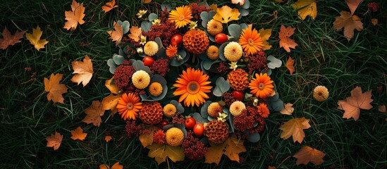 Canvas Print - Colorful assortment of vibrant flowers and lush green leaves scattered on the ground in a garden