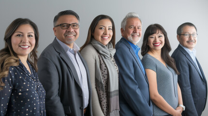 group of smiling professionals, both men and women, standing in a line and dressed in business casua