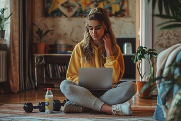 An athletic woman in athletic clothes sits on the floor with dumbbells and a protein shake or a bottle of water and uses a laptop at home in the living room. The concept of sports and recreation.