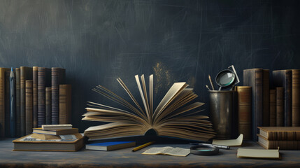 Wall Mural - open book in the foreground on a wooden desk with a pot of colored pencils to the right, and stacks of books to the left, against the background of a chalkboard filled with writing.