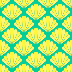 Wall Mural - Seamless pattern design with art deco style seashells motifs. Art Deco Seashells in bright yellow and tropical green. Seamless pattern design.