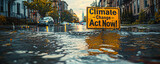 Sign submerged in water with Climate Change: Act Now! against a cityscape, symbolizing the immediate need for action against rising water levels