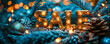 Sparkling holiday sale concept with glittery letters on a festive blue backdrop, surrounded by Christmas tree branches and twinkling lights