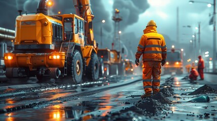 Workers construct asphalt roads and work on asphalt roads. construction site new asphalt road road construction worker and road construction machinery scenes.