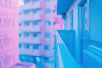 Blurred blue and pink urban building background scene.