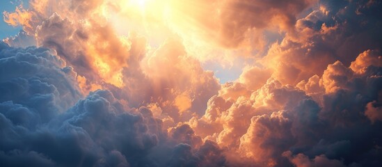 Wall Mural - vibrant sky with fluffy clouds and shining sun in bright sunny day