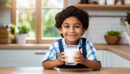 A little boy cute kid holding a cup of milk, feel happy enjoy drinking milk in kitchen