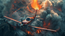 Small airplane approaches, single propeller, amidst swirling smoke, backdrop of erupting volcano.generative ai