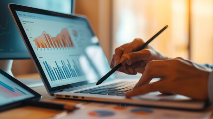 An individual's hands using a stylus on a tablet with financial analysis graphs on the screen, placed on a desk with printed data charts, in a brightly lit office environment.