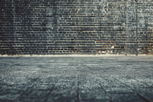 Industrial Background, Empty Grunge Urban Street With Warehouse Brick Wall.
