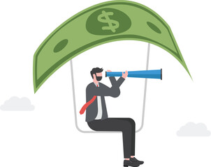 Poster - Career opportunity, investment or business vision, future forecast or discover new idea and inspiration concept, Businessman flying with money banknote and using binoculars to see opportunity

