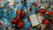  Violin with sheet music and pink rose on blue grunge  background