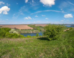 Wall Mural - amazing spring view on the dnister river canyon with picturesque rocks, fields, flowers. this place 