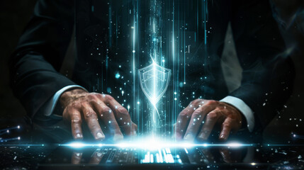 Poster - A person in a suit is typing on a laptop with a glowing digital shield symbolizing cybersecurity hovering above the keyboard.