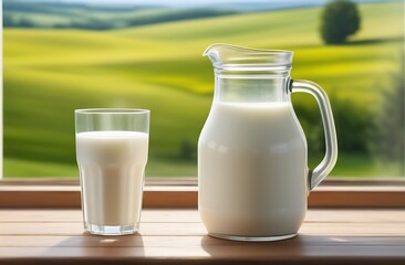 jug and glass of milk on windowsill against window background. Natural green rustic blurred background. Sunny day. Free space for text