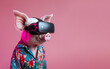 Portrait of an irresistible funny pig in a crazy Hawaiian shirt while using a VR headset on its head, standing in front of a solid soft pink background, modern technology available to all.