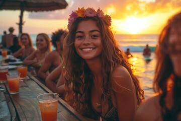 Wall Mural - Young woman with a floral crown enjoying a seaside sunset gathering, her smile reflecting the joy of a tropical beach party with friends