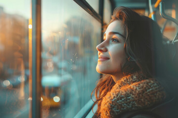 Wall Mural - A girl looks out the window of a city bus on her way to work