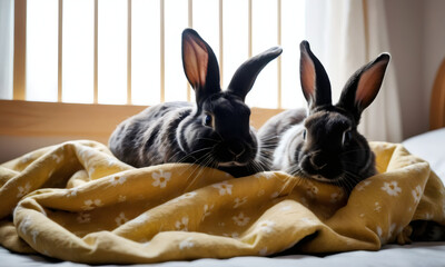 Wall Mural - Two Lovely Easter bunny fluffy baby rabbits laying on colorful blanket. Domestic rabbits on cozy background. Hare family in spring concept. Pascha, Resurrection Sunday, Christian cultural holiday