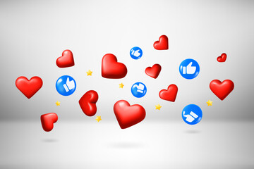 Poster - Flying red hearts and thumbs up symbols. 3d vector illustration