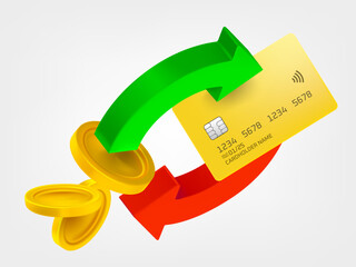 Poster - Two arrow in the circle with coins and bank card. Cashback concept. 3d vector icons isolated on white background