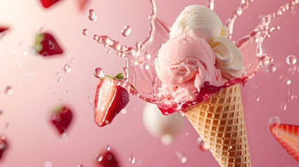 Poster - Refreshing summer treat with fresh strawberries and scoops of ice cream in a cone. perfect image for food advertising. high-quality dessert photography. AI