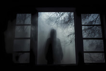 A window with a silhouette of a creepy person lurking outside amidst the eerie mist and looming trees creates an atmosphere of chilling suspense and foreboding