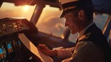 Fototapeta  - Captain at Sunset Flight - Airline captain reviews documents in the cockpit with a sunset backdrop.