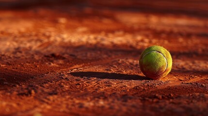 Wall Mural - Close-up of tennis ball on red clay tennis court surface. The color palette is vibrant, with sharp contrast drawing attention to the tennis ball.