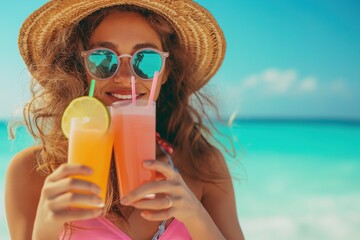 A woman wearing a hat and sunglasses holds two drinks in her hands as she enjoys a refreshing moment.