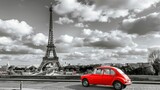 Fototapeta Na drzwi - composed artistic image featuring the iconic Eiffel Tower in Paris, France, with a charming red retro car