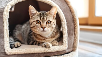 Wall Mural - Curious Domestic Cat Peering from Cozy Bed with Bright Eyes