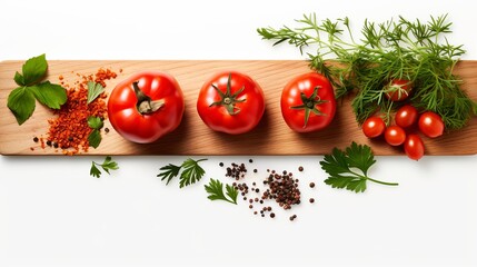 Wall Mural - Fresh tomato, herbs and spices isolated on white background, top view