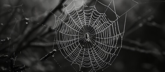 Wall Mural - Glistening spider web with dew drops in the morning light, nature background concept