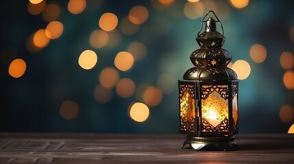 The Muslim feast of the holy month of Ramadan Kareem. Beautiful background with a shining lantern. Free space for your text