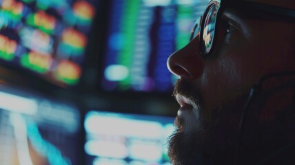 Poster - Trader Monitoring Market Changes - A focused trader with glasses observes real-time market fluctuations, symbolizing the intense attention required in financial markets. This image is packed with over