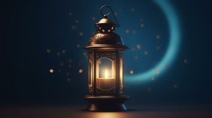 Wall Mural - Lantern with a burning candle on a blue background. 3d rendering