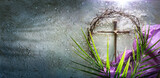 Fototapeta Natura - Lent - Crown Of Thorns and Cross With Purple Robe On Ash - Palm Leaves And Bloody Spikes For Penitence Concept With Abstract Sunlight