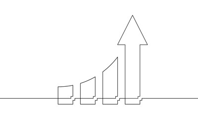 Wall Mural - Continuous line drawing of graph. Illustration vector of arrow up. Single line art of bar chart. Flat icon outline of business growth. Object one line. Increasing arrow